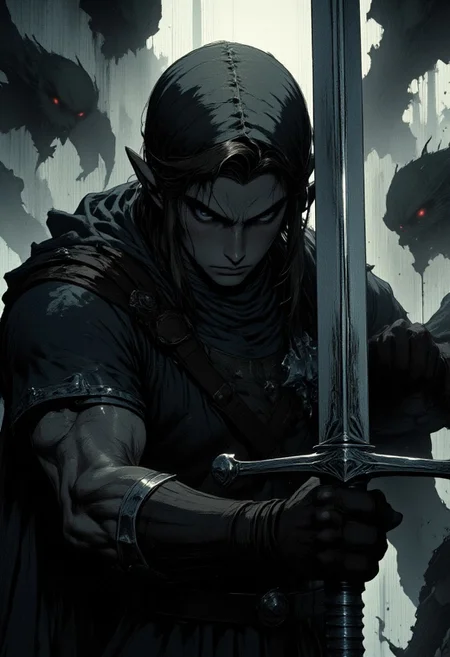 nistyle, Gritty Monochrome Manga-style, A cinematic close-up of Link, the legendary hero from The Legend of Zelda, standing in a battle-ready stance. His face is determined, his piercing blue eyes locked in focus. The camera lingers on the gleaming silver blade of the Master Sword, its legendary craftsmanship catching the dim light. Slowly, the camera begins to zoom out, revealing the eerie surroundings—dense, swirling fog obscures the battlefield. As the mist parts, grotesque green goblins emerge from the shadows, their menacing eyes glowing faintly in the darkness. They encircle Link, their snarls echoing through the misty air. The tension builds as the hero tightens his grip on the hilt, preparing for the inevitable clash. The scene is dark, moody, and cinematic, with dramatic lighting that highlights Link’s silhouette against the ghostly fog.