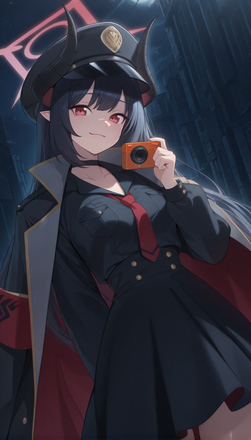 <lora:LCMTurboMix_Euler_A_fix:1> <lora:example_SDXL:0.3>, EZRealPONYXL, <lora:Dramatic Lighting Slider:3>
DSLR,realistic,cosplay photo, (very awa,masterpiece,best quality,year 2024,newest,absurdres,highres:1), realistic,skin texture,facial features, photography shot with Canon EOS 5D Mark IV , realistic, RAW, best quality, masterpiece, amazing quality, skin details,
1girl, highly detailed beautiful face, large natural breasts,
detailed background, shiny skin, dutch angle, night, moonlight,
beautiful detailed eyes, intricate details, absurdres, anime screencap,
<lora:Motomiya_Chiaki_BA_ILXL_kill0825:1>
BAMChiaki, long hair, black hair, red eyes, horns, pointy ears, halo, demon horns, black horns, red halo, 
shirt, skirt, long sleeves, dress, hat, holding, jacket, necktie, collared shirt, choker, black skirt, coat, black shirt, black headwear, black choker, red necktie, armband, peaked cap, black coat, high-waist skirt, shirt tucked in, camera, coat on shoulders, holding camera,
looking at viewer, standing, smile, dynamic pose, close up,