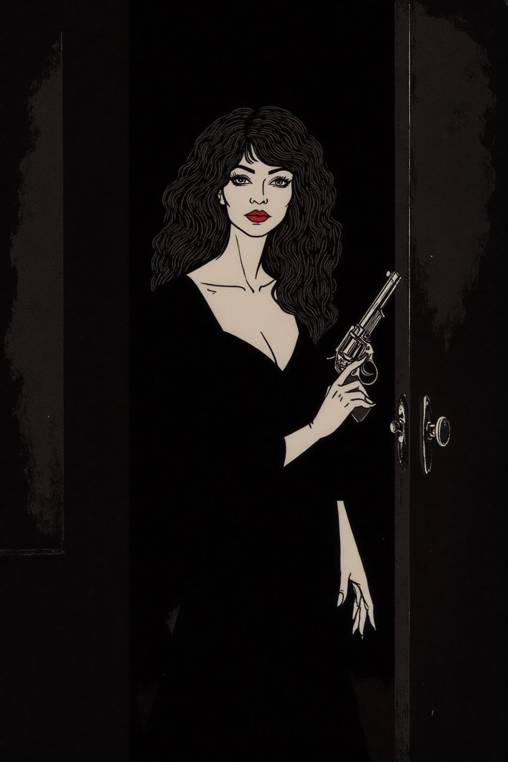 aubreybeardsley1 illustration.
a mysterious woman with dark, wavy hair and piercing eyes stands in the shadows of a dimly lit room. She is holding a small revolver with a delicate yet firm grip. Her red lipstick is the only color that stands out in the darkness, her intentions unclear but dangerous.  <lora:aubreybeardsley3_cap_d6a3e12:1.0><lora:844799030656623442:0>