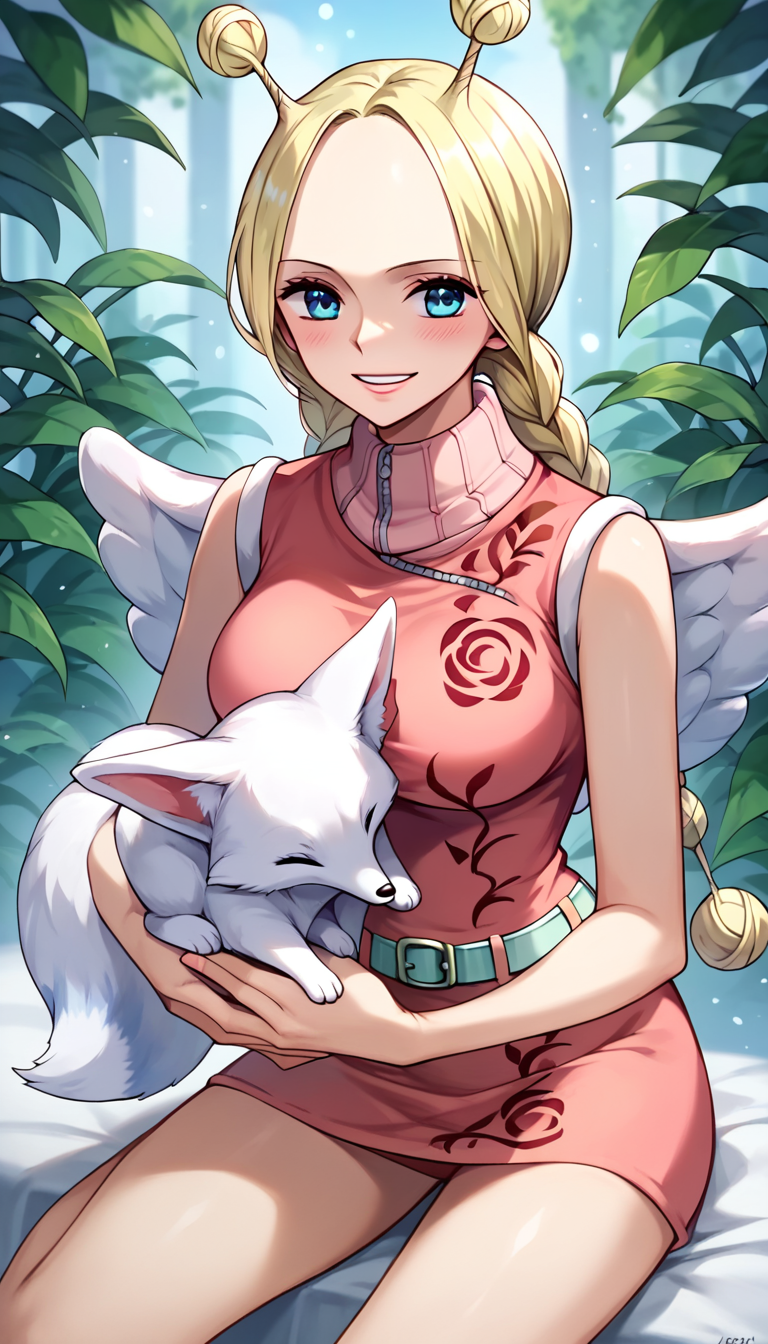score_9, score_8_up, score_7_up, score_6_up, score_5_up, score_4_up, 1girl, conis, wings, blonde hair, antenna hair, twin braids, blue eyes, pink dress, turtleneck, green belt, fox, white fur, holding animal, <lora:Conis_v2:1>