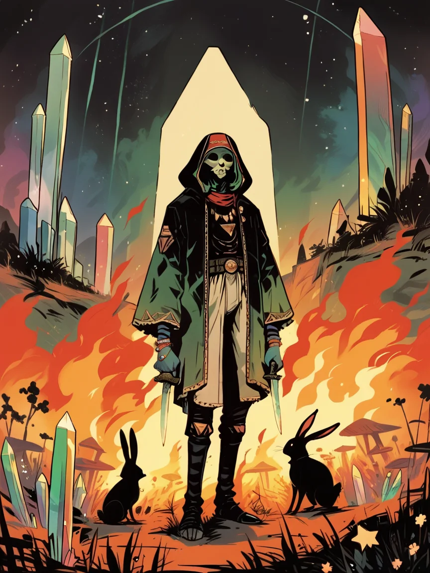 Ugly score_9, score_8_up, score_7_up, score_6_up, bracelet, knife, hood, rabbit, field, monster, fire, crystal, hat, star (sky), <lora:fl4ttr1p3XLP:1> fl4ttr1p