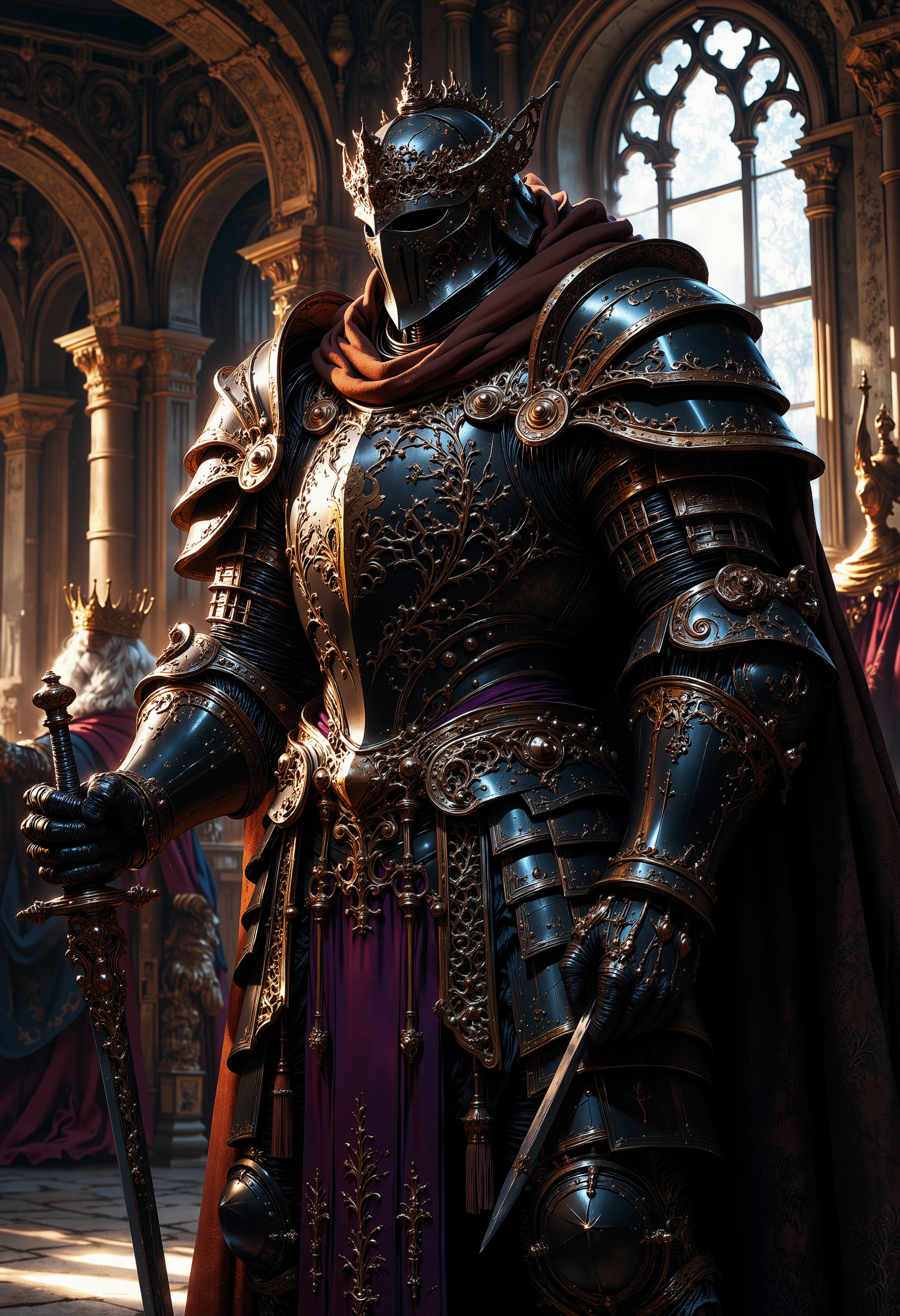 A high-resolution photo of a medieval knight in full armor, standing in a rich castle throne hall, golden environment. The knight wears a shiny black metal helmet with a cross and a brown hood partially covering the face. His dark and purple armor features intricate designs, including a golden tree on the chest plate. holding a big shield with his right hand, and a sword hangs from a leather belt. The knight stands poised, radiating strength and resilience, blending historical and fantasy elements, moody, highly detailed, volumetric lighting, sun light. A king can be seen on the background. Windows let sun lights mark squares on the floor.