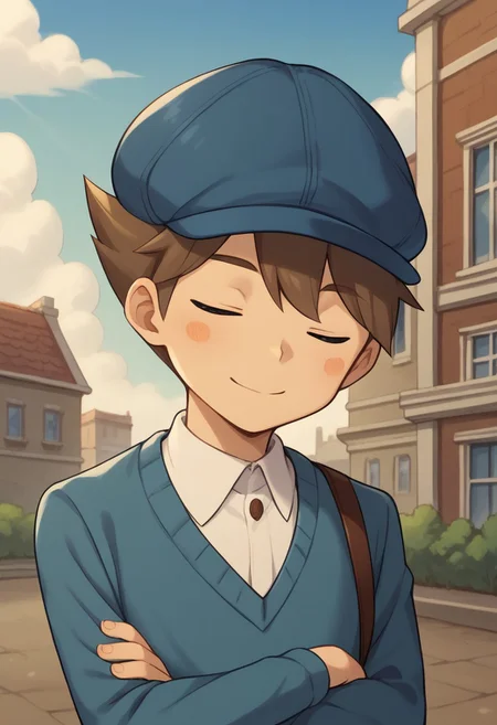 score_9, score_8_up, score_7_up, source_anime, highly detailed,
luke, 1boy, solo, male focus, black eyes, hat, blue headwear, brown hair, upper body, shorts, smile, sweater, shirt, white shirt, blush stickers, crossed arms, closed eyes,
outdoor, sky, building, steampunk,