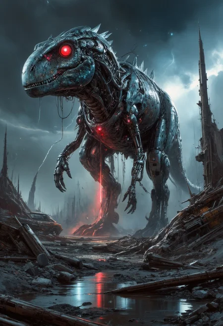 A towering mechanical brutal dinosaur strides through the crumbling ruins of a post-apocalyptic world, its red glowing eyes radiating an ominous, unearthly light that pierces through the dense, dust-filled air. The massive, jagged metallic plates covering its body reflect faint neon hues from scattered remnants of a bygone cyberpunk civilization. Broken machinery, shattered buildings, and rusted vehicles litter the desolate landscape, their surfaces glinting with the eerie glow of the dinosaur’s pulsating, cybernetic core.
The atmosphere is thick with an eerie, haunted energy, as if the mechanical beast is possessed by a ghostly force, stalking the ruins with an unnatural awareness. Trails of light particles and shimmering reflections ripple across pools of stagnant water, amplifying the otherworldly, eternal glow emanating from its intricate biomechanical joints and exposed wiring.
The sky is dark and oppressive, punctuated by streaks of faint neon light and distant flashes of lightning, creating an ominous backdrop to the dystopian devastation. A close-up reveals fine, intricate details of the dinosaur's sleek but weathered design: its sharp, serrated edges, faintly glowing circuits, and traces of corrosion blending with its polished surfaces. The scene is an intense fusion of sci-fi desolation and cyberpunk artistry, evoking a chilling yet mesmerizing vision of destruction, with vibrant, surreal color contrasts bringing the haunting world to life.
