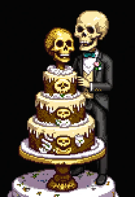 pixel art, digital art, Hyperrealistic depiction of an elaborate wedding cake designed as a tiered skull structure covered in delicate floral frosting patterns and edible gold leaf details. A bride and groom figurine stand on top, humorously posed as if arguing over who gets to eat the "eye socket." style culinary art meets macabre elegance. Lighting: soft studio spotlight on cake details. theme love and death intertwined, humor in tradition. ironic yet beautiful.