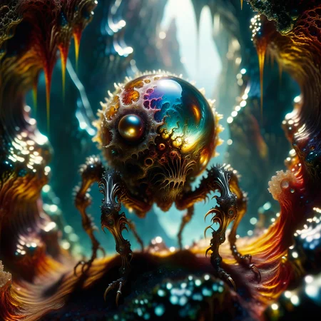 old masters painting style, intricate details, award-winning macro photo, (short depth of field:1.2), fractal art, the (diminutive:1.4) "abominable thneedwhacker" is a (bewildering:1.2) and (arcane:1.2) (metallic creature:1.3) roaming the bogscrubbled crystalline formations of its homeworld "nurblesphere i", its gleaming sturdy exoskeleton shimmering with iridescent colors in its dorxed lair, (dappled light:1.2), <lora:lyco-style-envydramaticlightingxl01_digital_art-xl:0.64> <lora:midjourney_mimic-xl-by_andrexsel:0.4> <lora:more_artful-xl:0.4> <lora:extremely_detailed-detail_slider-v2-xl-by_ntc:1.0> <lora:envybetterhiresfixxl01-xl:0.0:hr=1.0>