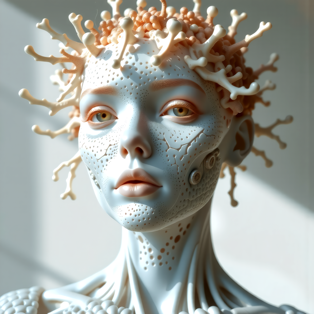 breathtaking Feast your eyes upon this astonishingly lifelike sculpture of a synthetic coral girl, whose organic form has been expertly molded to mimic the complex structure of a neural network. Devoid of hair, her mechanical visage boasts an unsettling yet captivating pattern of trypophobic indentations, drawing the viewer in with a magnetic pull. Crafted from lustrous white porcelain, her flawless skin reflects the soft glow of natural lighting, casting intricate shadows that reveal the staggering level of detail contained within. Boasting razor-sharp focus and hyperrealistic textures, this masterwork pushes the limits of photorealism to previously unexplored heights. Every minute crease and fold has been meticulously reproduced, resulting in an incredibly lifelike representation that seems almost poised to spring forth from the screen. Shot using top-of-the-line DSLR equipment capable of recording in 8K UHD and HDR, this ultra-detailed image possesses a breathtaking clarity and depth rarely achieved in digital media. . award-winning, professional, highly detailed  <lora:scifi/moxiePunk_v20.safetensors:1.0>,  <lora:flux/Realism 2>, <lora:fantasy_portrait_by_cosmic>,