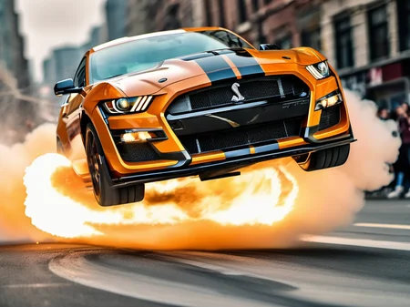 a closeup photo of mstgsgt500 car doing an insane stunt jump through a ring of fire, in the city, hdr, 8k, ultra high-res, movie picture frame<lora:mstgsgt500_car_t02_SDXL-000010:0.7>