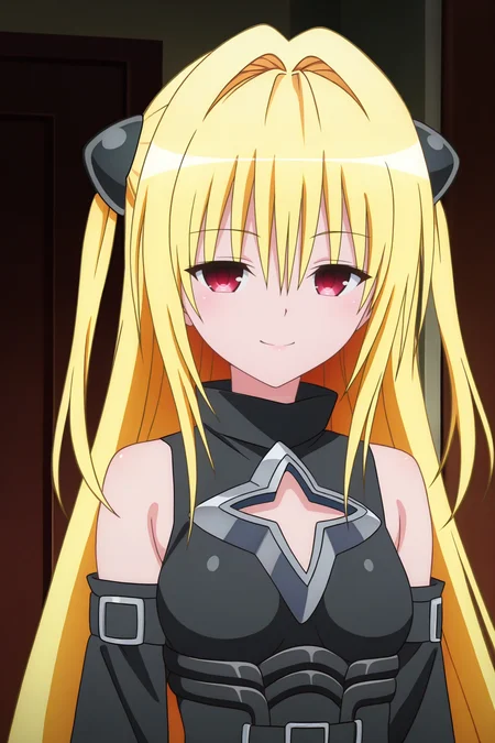 masterpiece, best quality, absurdres, highres, very aesthetic, very awa, BREAK, anime coloring, anime screencap,
<lora:konjiki_no_yami_v3-illustrious_r1:1>, 1girl, konjiki no yami, to love-ru darkness, red eyes, blonde hair, hair ornament, two side up,
black battle dress, bare shoulders, cleavage cutout, detached sleeves,
BREAK, looking at viewer, seductive smile, upper body,
BREAK,