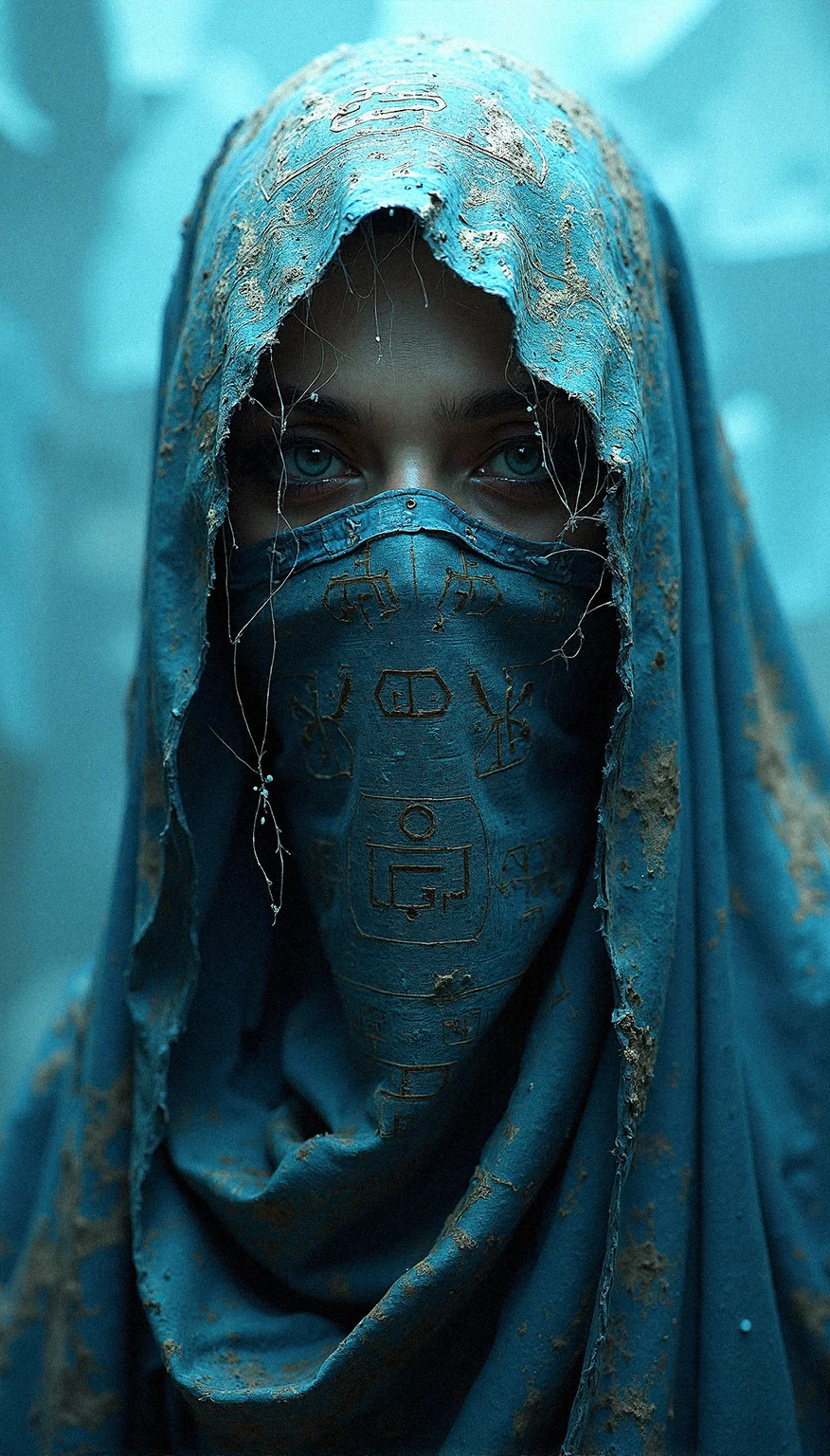 an ancient, cloaked female figure with piercing eyes, face covered in dust and dirt, their face wrapped in fabric adorned with extremely intricate hieroglyphs, set against an abstract, polygonal blue gradient background. The cloth appears worn and frayed, with strands of cobwebs catching the light, evoking a sense of age and decay. The background’s geometric facets shift from light to dark blue, creating a sense of depth that feels cold and detached, as if the figure exists within a frozen, digital void. Every wrinkle, stitch, and symbol on the fabric is detailed, revealing a story etched into the cloth. The icy blues of the background offer a stark contrast, amplifying the figure’s ancient aura. This composition weaves together themes of antiquity and futurism, drawing the viewer into a world where the past is preserved within a crystalline digital space.


