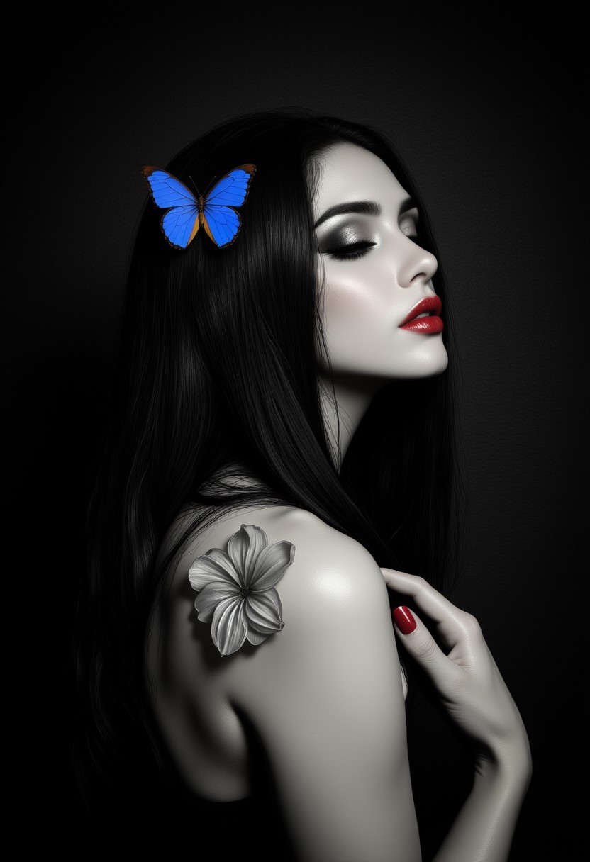 A high-contrast monochrome portrait of a woman, her pale skin standing out against a deep, textured black background. The background remains undefined, fading into darkness.
Her face is turned away from the viewer, partially hidden behind long, flowing dark hair that falls over her shoulders. Her lips are painted deep red, sharply contrasting against the grayscale tones of her skin. Shadows define the curve of her cheekbones, the slope of her nose, and the subtle dip of her closed eyes.
Her bare shoulder is softly illuminated, smooth and well-defined against the surrounding darkness. Her left hand rests gently against her upper arm, fingers delicately curled. Her long, red fingernails are painted the same deep red as her lips.
A vivid blue butterfly with finely detailed wings flutters just above her shoulder. There is a tattoo of a translucent white flower on her shoulder blade, its petals appearing soft and slightly blurred at the edges. The flower fades into the surrounding light, making it appear almost weightless against her skin.
The lighting is soft and diffused, casting gentle highlights along the contours of her face, shoulder, and hand while leaving deep shadows in the background. The selective use of color—red for her lips and nails, blue for the butterfly—stands out against the monochrome tones, drawing attention to the key focal points.