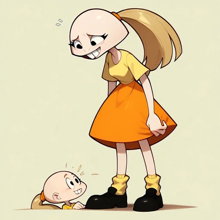 score_9, score_8_up, score_7_up BREAK pegTO, 1girl, bald head, black eyes, yellow hairclip, light brown ponytail, ponytail, buckteeth, bucktooth, no jaw, no lower jaw, half head, jawless, yellow longsleeved shirt, orange skirt, yellow socks, white black shoes,