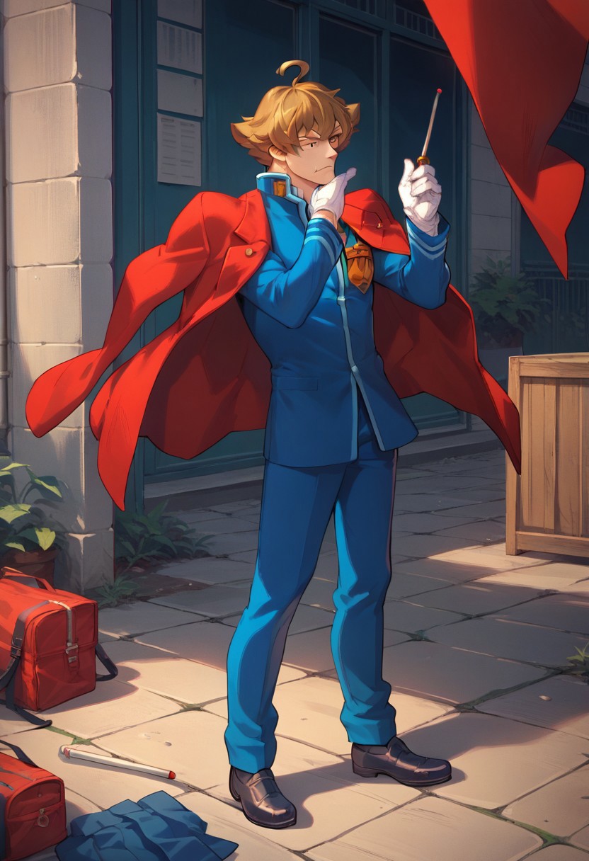 score_9, score_8_up, score_7_up, source_anime, Eustace Winner,solo,gloves,long sleeves,1boy,school uniform,standing,jacket,full body,male focus,shoes,pants,white gloves,cape,red jacket,jacket on shoulders,blue pants,baton \(conducting\),