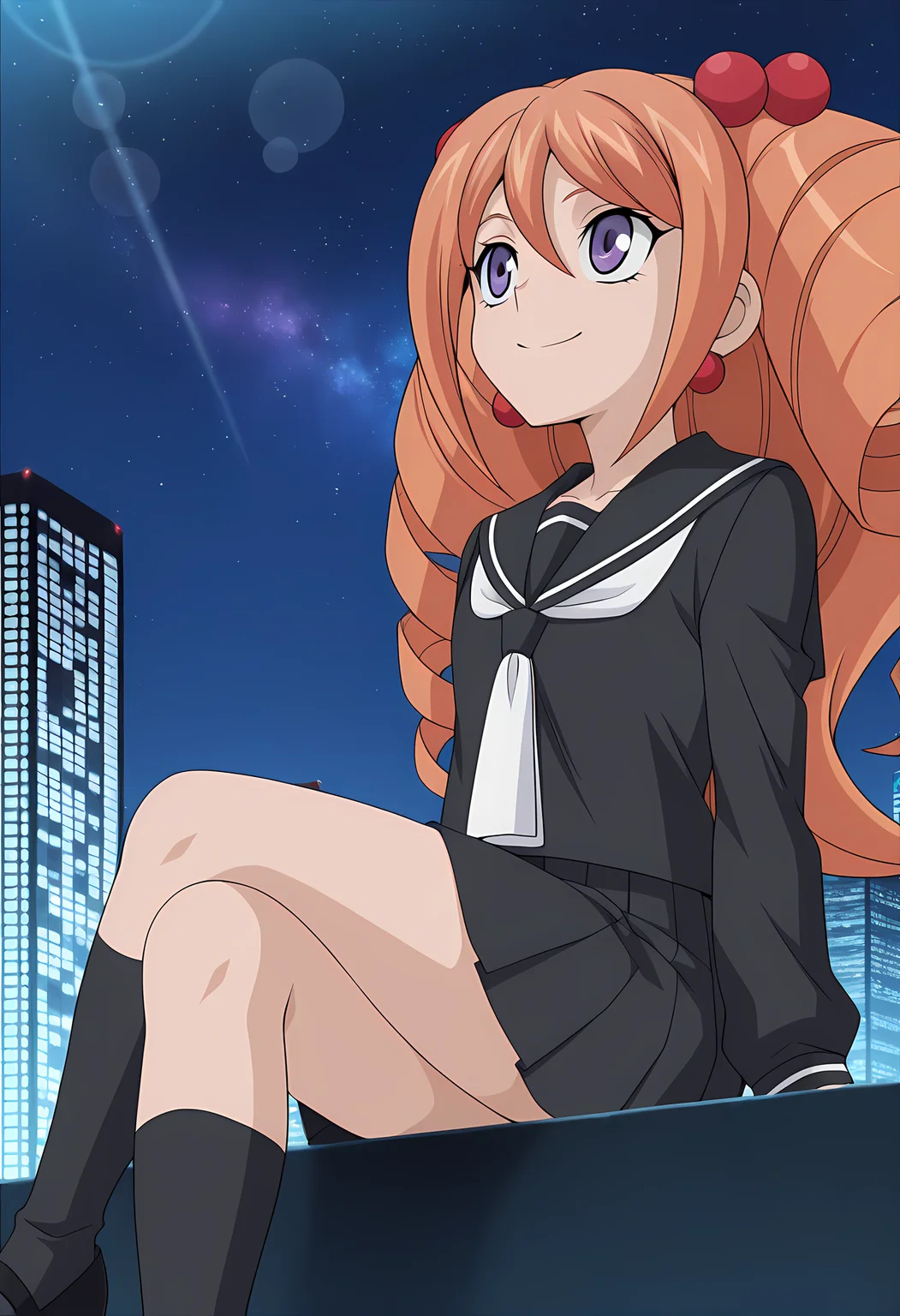 masterpiece,best quality,amazing quality,
1girl, solo, face focus,
Rekka Tatsunagi (Cardfight Vanguard), long hair, orange hair, drill hair, twin drills, purple eyes, earrings, jewelry, hair ornament, hair bobbles, school uniform, serafuku, black sailor collar, long sleeves, pleated skirt, black footwear, mary janes,
looking up, smile,
cinematic, cross legs, crossing legs,
Outdoors, night, On top skyscraper, galaxy sky,
Lens flare, bloom,
Official style, anime screencap, anime coloring,