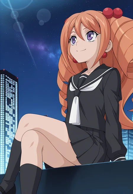 masterpiece,best quality,amazing quality,
1girl, solo, face focus,
Rekka Tatsunagi (Cardfight Vanguard), long hair, orange hair, drill hair, twin drills, purple eyes, earrings, jewelry, hair ornament, hair bobbles, school uniform, serafuku, black sailor collar, long sleeves, pleated skirt, black footwear, mary janes,
looking up, smile,
cinematic, cross legs, crossing legs,
Outdoors, night, On top skyscraper, galaxy sky,
Lens flare, bloom,
Official style, anime screencap, anime coloring,