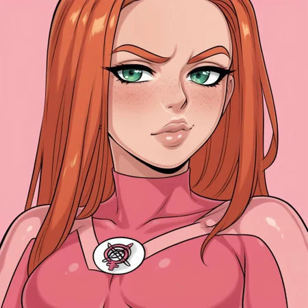 score_9, score_8_up, score_7_up, score_6_up, score_5_up, score_4_up, Expressiveh, 1 girl, solo, Atom_Eve, green eyes, orange hair, bodysuit, pink shorts, pink cape, freckles, close up of face, facing viewer