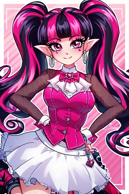 score_9, score_8_up, score_8, medium breasts, (curvy), cute, eyelashes, BREAK, , zzDraculaura, solo, twintails, multiclored hair, pink hair, black hair, pink eyes, pointy ears, earrings, fishnet sleeves, frilled sleeves, long sleeves, blunt bangs, monster high, pink vest, white skirt, pink knee boots, <lora:Draculaura_MH_PDXL_v5:0.8>, BREAK, smile, closed mouth, looking at viewer, cowboy shot, ,,, embedding:zPDXL, Expressiveh, ,,, <lora:Konpeto_PDXL_v3:1.0>, <lora:SDXLFaeTastic2400:0.5>, <lora:Expressive_H-000001:0.4>,