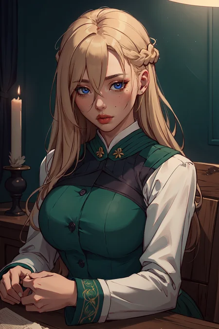 (masterpiece,best quality,absurdres,beautiful,aesthetic,detailed),cinematic lighting,1girl,hair between eyes, mint, blue eyes, braid, green uniform, long sleeves <lora:mint-sn4-richy-v1:1>