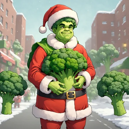 <lora:xmas-broccoli-man:0.8>xmasbroccoliman,He handed over broccoli as a gift in city.