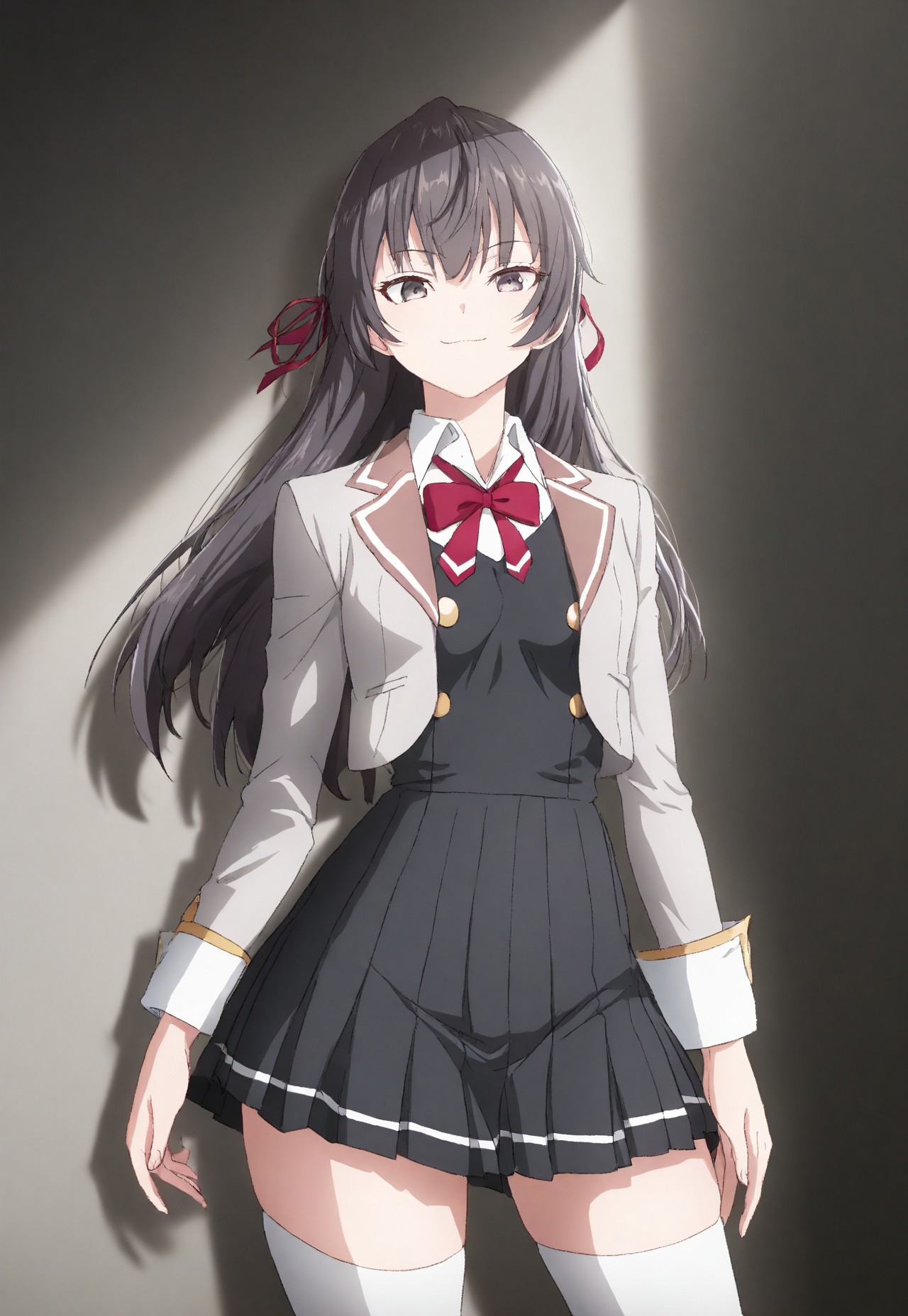detailed, sinfully stylish, dramatic lighting, long shadows, soft light, contrapposto, anime, 1girl, solo, school uniform, dark grey pleated dress, grey jacket, white thighhighs, hair ribbon, staring at viewer, smiling, wide hips, standing, hip sway,