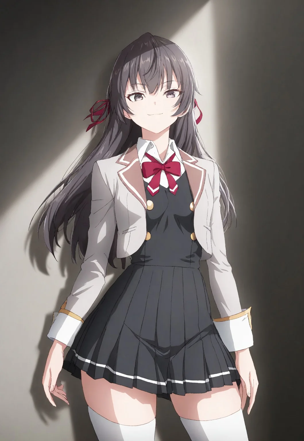 detailed, sinfully stylish, dramatic lighting, long shadows, soft light, contrapposto, anime, 1girl, solo, school uniform, dark grey pleated dress, grey jacket, white thighhighs, hair ribbon, staring at viewer, smiling, wide hips, standing, hip sway,