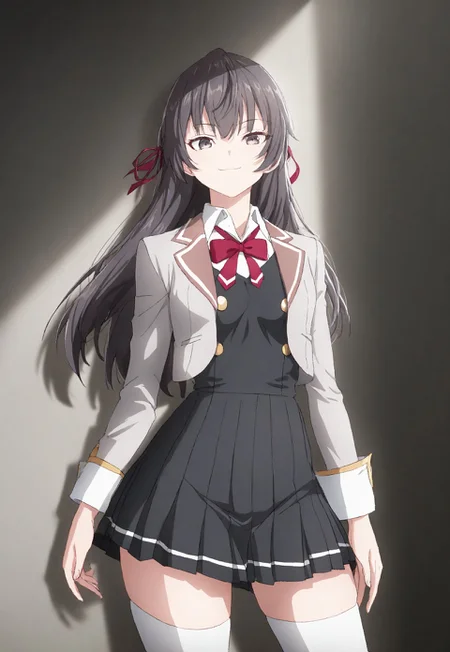 detailed, sinfully stylish, dramatic lighting, long shadows, soft light, contrapposto, anime, 1girl, solo, school uniform, dark grey pleated dress, grey jacket, white thighhighs, hair ribbon, staring at viewer, smiling, wide hips, standing, hip sway,