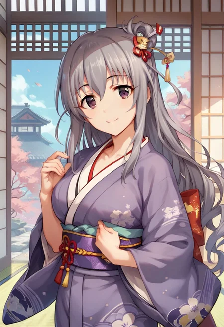 score_9, score_8_up, score_7_up, source_anime,sakakibara satomi, grey hair, long hair, purple eyes, 1girl, japanese clothes, solo, kimono, smile, hair ornament, hair stick, sarashi, looking at viewer