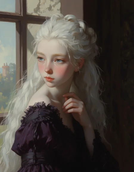 masterpiece, high quality, Oil Painting, Hyper-realistic, Nixport, a close up portrait tiny skinny young teen elf girl sensually standing in a simple dark purple dress and black tightly laced corset. Her long silken white hair flowing down her back. The elf has delicate, angular features and luminous, almost ethereal white skin. Her large, almond-shaped blue eyes are a striking shade of silver-blue, framed by long lashes, and she has small pointed elf ears. Her body is short, skinny, petite, and very thin waisted.  Outside the window, gentle sunlight filters into a Victorian bedroom. Focus on the girl, intricate lines, intriguing atmosphere, sharp magnificent details, delicate features, elaborate details, (2\3 rule composition:0.5), ultra detailed, romantic, Rembrandt lighting, brush stroke, lovely, del1cate_balance style, novuschroma, FS, in the style of Rembrandt. vantablack <lora:style_of_Rembrandt_FLUX_135:.8> <lora:- Flux1 - vanta_black_V2.0:.4> <lora:Delicate_Balance:.3> <lora:neeeg_f1:-1> <lora:113_novuschromaFLX_1:.3> <lora:Midjourney_Whisper_Minimal:.3> <lora:FS_v2:.5> <lora:NixPort_style_for_semi-real_upper_body_portrait:.8>