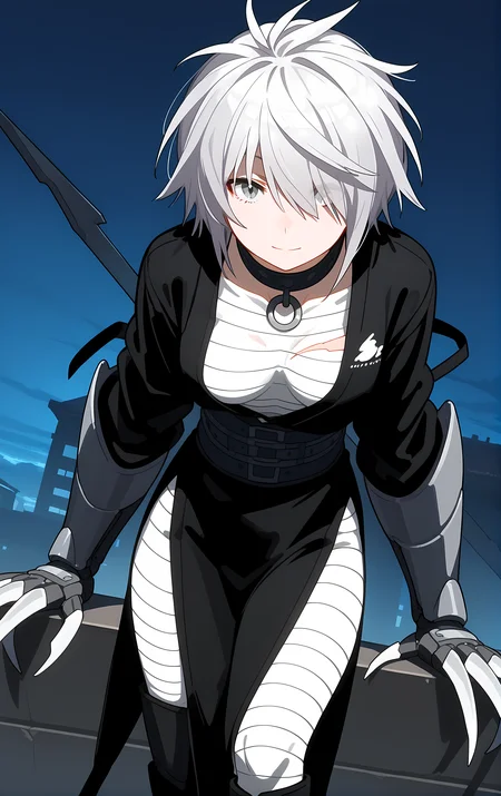 (score_9, score_8_up, score_7_up), standing, leaning forward, looking at viewer, light smile, closed mouth, shiny skin, tight clothes,
ohwx, 1girl, solo, solo_focus, breasts, medium_breasts, hair_over_one_eye, short_hair, white_hair, grey_hair, grey_eyes,
bandages, claw_\(weapon\), claws, torn_clothes, japanese_clothes, choker, sarashi, belt, scar, sash, boots, gauntlets, spikes, long_sleeves,
rooftop, post-apocalypse, dusk,
cowboy shot, dutch angle, close-up,
<lora:haihane_pony_ss:1>
