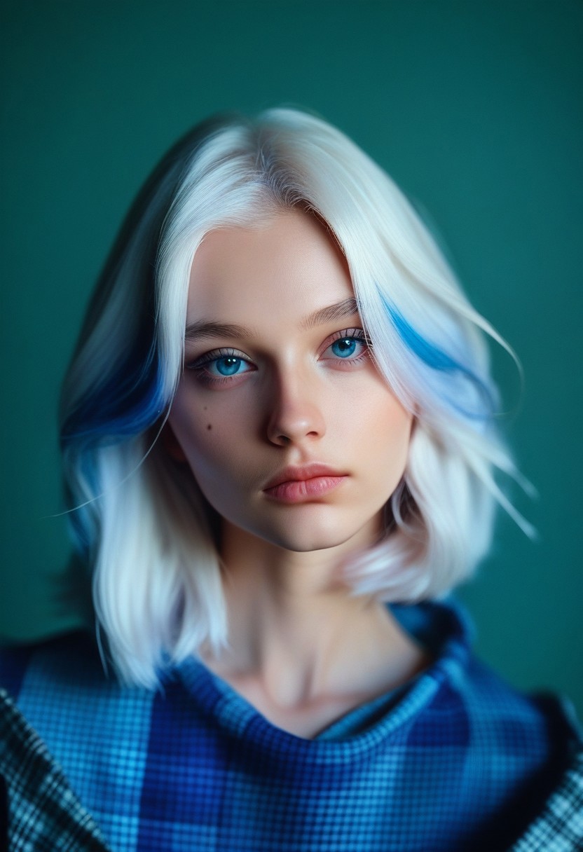 score_9, score_8_up, score_7_up, score_6_up, score_5_up, RSWMN, Russian woman, solo, white hair, realistic, looking at viewer, 1girl, lips, plaid, blue eyes, mole, medium hair, multicolored hair, closed mouth