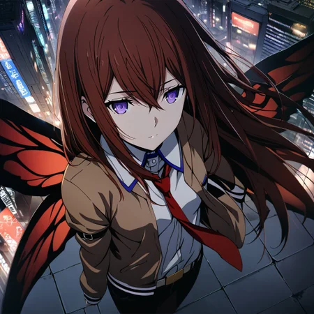 1girl, makise kurisu, steins gate, purple eyes, dark red hair, long hair, between eyes, red large butterfy wings, looking aside, standing atop of a high building, tokyo, night, from above, (absurd detail), (high quality), (4k), solo, (masterpiece), (best quality), (ultra-detailed), very aesthetic, illustration, perfect composition, intricate details