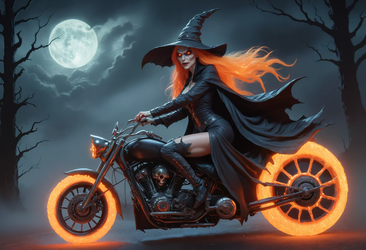 high quality, beautiful, highly detailed, 8k, fantasy, perfect face,side view of a halloween witch with an old devilish face, wearing a pointed witch hat, racing through a thunderstorm on a fast monster motorcycle with (glowing tires:1.2), looks direct at the artist, Beautiful painting of a witch with long flowing hair,stormy, violent flash, illuminates the eerily beautiful forest und halloween pumpkin moon in the backgroundhalloween witch, pointy witch hat, fast monster motorcycle, thunderstorm with violent lightning bolt, (glowing tires:1.3), stormy , . (in the style of Andreas Vesalius),