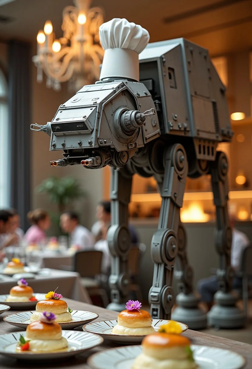 AT-AT as a Michelin-Starred Chef in a High-End Restaurant – Inside a glamorous, modern, open-concept kitchen of a five-star restaurant, an AT-AT walker, sporting a pristine white chef’s hat balanced atop its command module, expertly prepares a delicate soufflé. Its metallic legs move with surprising grace as it folds ingredients with a massive, oversized whisk attached to one foot. In the background, sous-chefs scramble to keep pace with the AT-AT’s booming commands in droid-speak, terrified of burning the truffle-infused crème brûlée. Meanwhile, its rear legs handle sautéing vegetables in multiple pans, flipping them into the air like a seasoned professional. Guests in the dining room gasp in awe as the AT-AT, with exacting precision, uses a tiny pair of tongs attached to its side to delicately place a single edible flower on top of each dish. The maître d’ stands proudly at the kitchen entrance, nervously eyeing the chandeliers above, hoping they won’t rattle when the AT-AT takes another step toward the dessert station.
