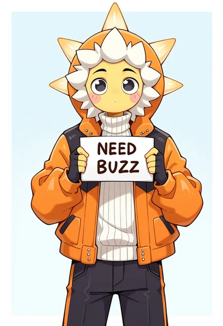 <lora:sunspot:1>,sunspotFN,gloves,blush stickers,jacket,yellow skin,1boy,open clothes,black gloves,hood,fingerless gloves,black eyes,sweater,open jacket,turtleneck,black pants,ribbed sweater,turtleneck sweater,white hair,orange jacket,spikes,cowboy shot,solo,
masterpiece, best quality, amazing quality, 8k, face focus, face only, looking at viewer, need_buzz, holding sign, solo,
