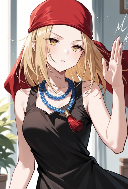 masterpiece, best quality, high quality, anime, solo,
<lora:AEAnna:1> AEAnna, yellow eyes, blonde hair, parted bangs, forehead, bead necklace, black dress, sleeveless dress, red bandana, slapping,