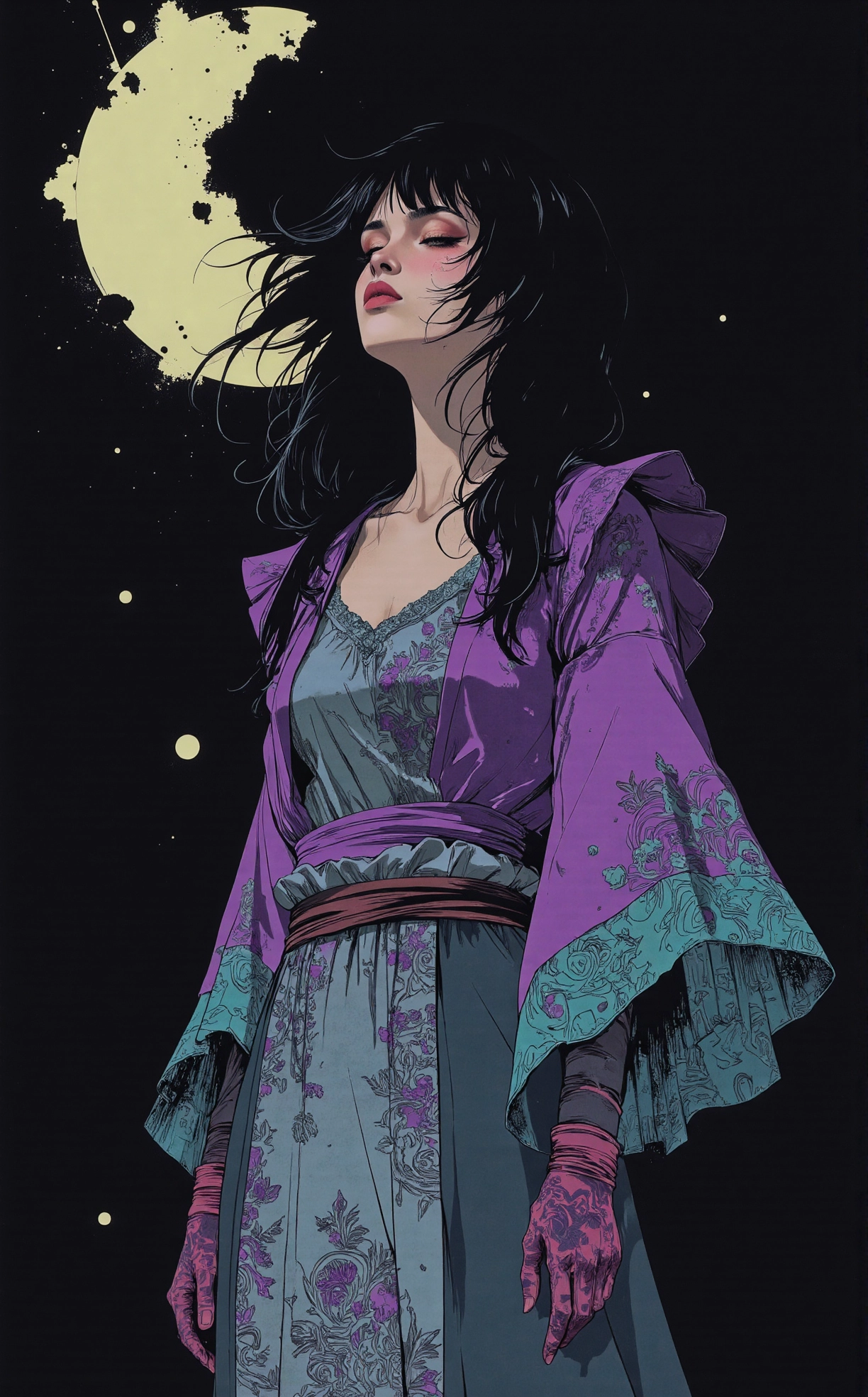 Off-center composition, dramatic shadow emphasis, The image is a digital art piece that appears to be a surreal and dreamlike scene. It features a woman with long dark hair that is cascading down her back, creating a sense of movement and energy. The woman's face is in the center of the image, with her eyes closed and her head tilted slightly to the side. She is wearing a long, flowing dress with intricate patterns and designs. The dress is made up of multiple layers of fabric, with the top layer being a deep purple color and the bottom layer a lighter shade of purple. The fabric is covered in small, intricate patterns, with a mix of blue, green, and purple hues. The background is dark, making the woman and her dress stand out even more. The overall mood of the piece is mysterious and ethereal., dark and dim light, anime artwork comic manga art by Naoko Takeuchi, monochromatic art by Marilyn Minter, , Contemporary art, provocative, hyperrealism, Magical girl, romance, adventure, transformation . graphic illustration, comic art, graphic novel art, vibrant, highly detailed . anime style, key visual, vibrant, studio anime, highly detailed