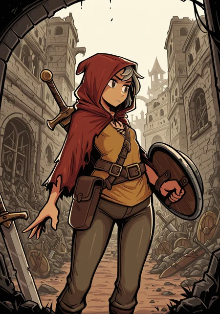 masterpiece,high quality,1girl, solo, lonarpg, char-lona, small breasts, ruins, town, hood up, sword, shield, fantasy, pants
