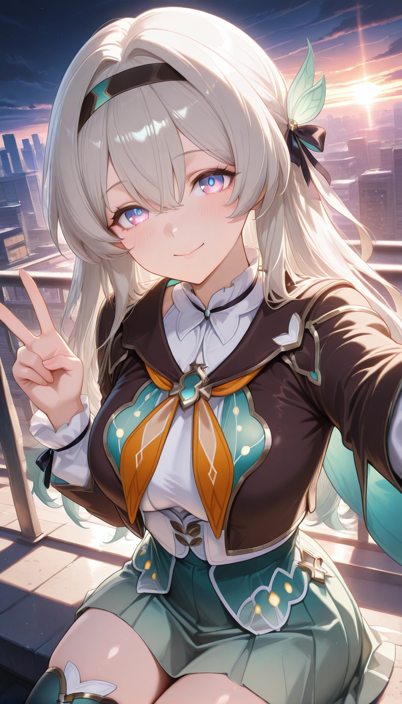 <lora:LCMTurboMix_Euler_A_fix:1> <lora:example_SDXL:0.3>, EZRealPONYXL, <lora:Dramatic Lighting Slider:3> 
DSLR,realistic,cosplay photo, (very awa,masterpiece,best quality,year 2024,newest,absurdres,highres:1), realistic,skin texture,facial features, photography shot with Canon EOS 5D Mark IV , realistic, RAW, best quality, masterpiece, amazing quality, skin details,
1girl, highly detailed beautiful face, large natural breasts,
detailed background, shiny skin, dutch angle, night, moonlight,
beautiful detailed eyes, intricate details, absurdres, anime screencap,
 <lora:Hotaru_HonkaiStarRail_ILXL_kill0825:1>
HSHotaru, 1girl, solo, long hair, looking at viewer, blush, smile, blue eyes, shirt, skirt, long sleeves, thighhighs, ribbon, hair between eyes, closed mouth, sitting, blue hair, jacket, purple eyes, white shirt, grey hair, hair ribbon, multicolored hair, sidelocks, thighs, outdoors, pleated skirt, hairband, sky, collared shirt, black thighhighs, black jacket, neckerchief, zettai ryouiki, v, gradient hair, hair intakes, black hairband, green skirt, cropped jacket, brown jacket, sunset, multicolored eyes, railing, yokozuwari, selfie, reaching towards viewer, cityscape, evening, aqua skirt, two-tone eyes, orange neckerchief, blue pupils, breasts, bow, hair bow, pink eyes, miniskirt, blue skirt, city, green thighhighs