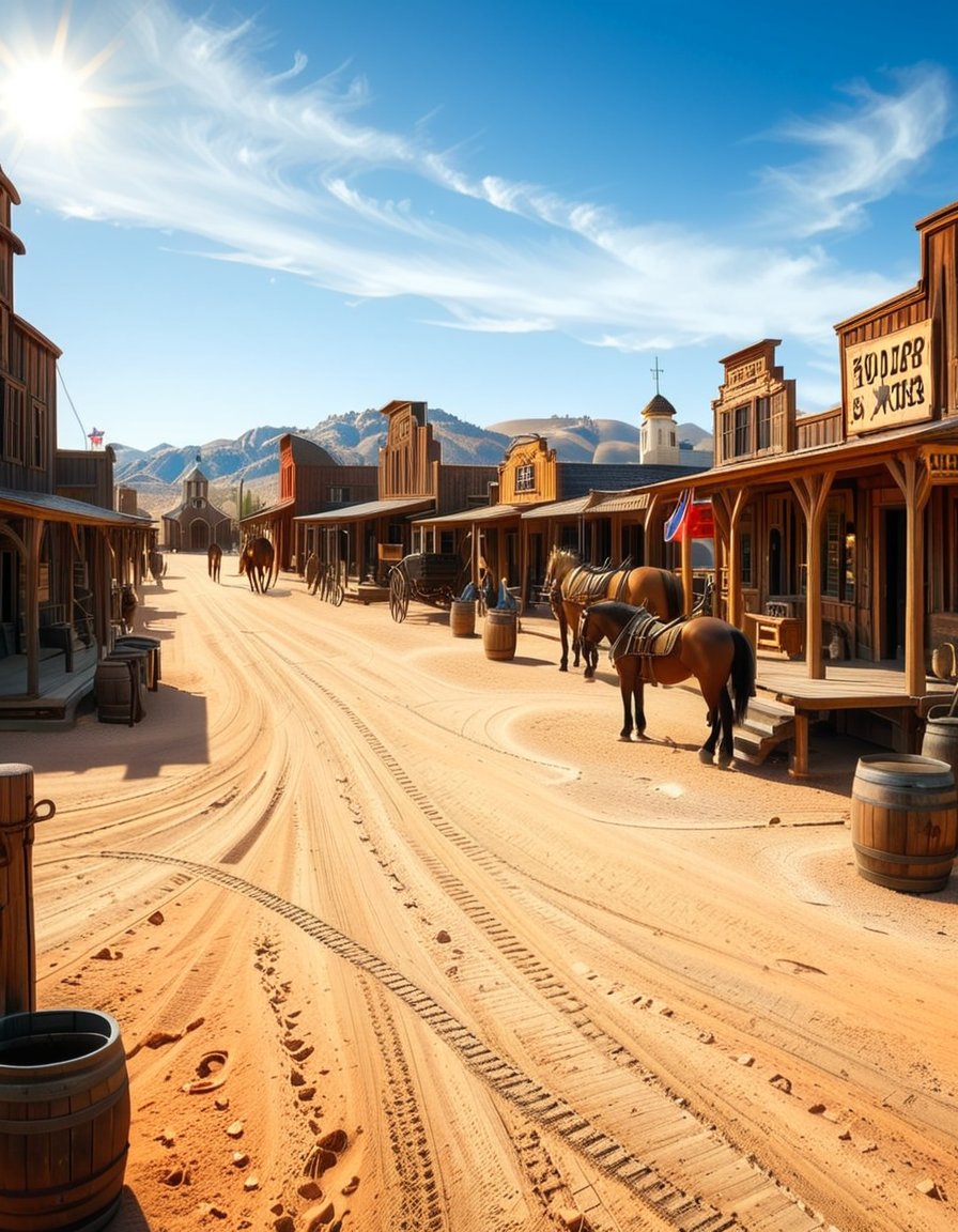 A classic Wild West town in the late 1800s, surrounded by arid desert and towering rock formations. The dusty main street is lined with wooden buildings, including a saloon with swinging doors, a sheriffâs office with a star emblem, a general store with a wooden sign, and a blacksmithâs shop with tools hanging outside. Old-fashioned wooden wagons are parked along the street, and a few horses are tied to hitching posts. The atmosphere is lively, with cowboys wearing wide-brimmed hats, boots, and leather dusters walking around, some talking near the saloon while others ride horses. The sky is bright blue with a few wispy clouds, and the sunlight casts long shadows on the ground. In the background, a water tower stands tall, and a windmill slowly turns in the breeze. The scene is full of rustic details, evoking the adventurous spirit of the American frontier.<lora:SDXLFaeTastic2400:0.4> <lora:extremely_detailed:0.4> extremely detailed, <lora:Western_v1ll4g3:1>,Western v1ll4g3, Masterpiece,best quality,hi res,8k,hi res,8k,award winning,(sharp focus, intricate, highly detailed),