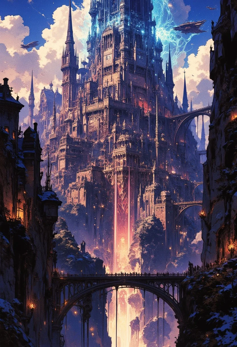 medieval fantasy, A city of towers that rises from a cliff above a vast chasm. The towers are of different heights, shapes, and colors, some reaching the clouds, some barely standing. The city is lit by magical lights of various hues, creating a dazzling spectacle at night. Bridges, cables, and flying vehicles connect the towers, forming a complex network of transportation. The city is home to people of many races, cultures, and backgrounds, who live in different districts and levels of the towers. The city is a hub of commerce, politics, and magic, but also a place of danger, intrigue, and mystery.