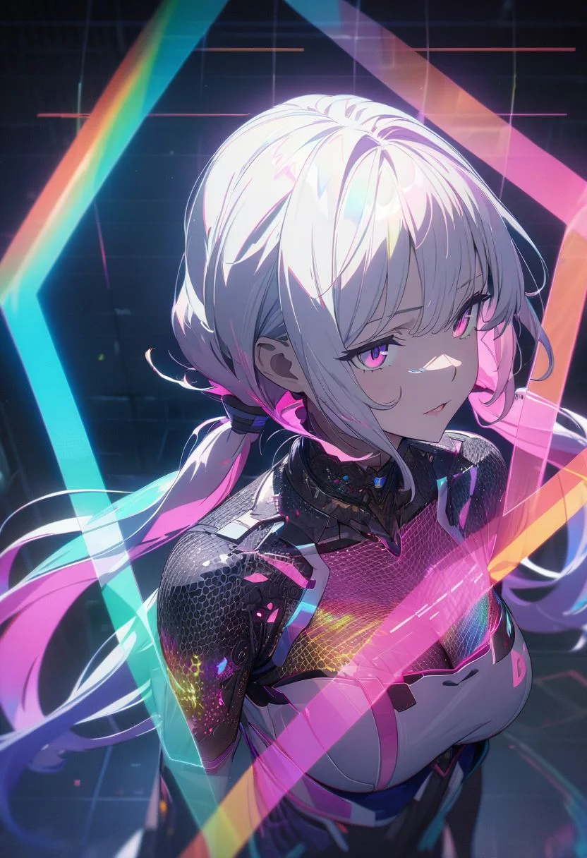 gorgeous lips, cinematic, (masterpiece), (best quality), (ultra-detailed), very aesthetic, illustration, perfect composition, intricate details, absurdres, detailed face, (anime, masterpiece, intricate:1.3), (best quality, hires textures, high detail:1.2), (4k),(incredibly detailed:1.4) 
Hologram girl, hologram, no humans, outline only, wireframe, glowing wireframe, pretty girl, rainbow hologram,  futuristic, transparent body, void body, only outline neon tube, twintails, low twintails, fluffy hair, rainbow colors, small wings, aesthetic grid, silhouette ,more_prism background, vibrant color, more_details:1.5