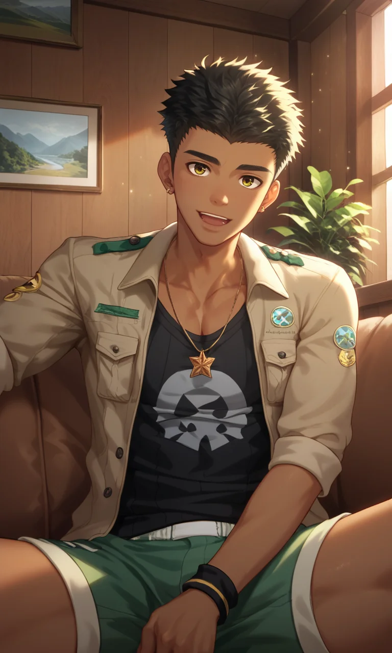 score_9, score_8_up, score_7_up, masterpiece, best quality, lots of details, close-up, ((1boy)), Kieran, slim, tan, open mouth, light smile, necklace, jewelry, looking at viewer, male focus, sitting, on sofa, jacket, sleeves rolled up, black T-shirt, green shorts, shaded, detailed shading, detailed skin, shaded skin, realistic shading, Expressiveh, countershading:1.1, cabin, living room, indoor plant, indoors, <lora:add-detail-xl:0.7>, <lora:Smooth Anime 2 Style SDXL_LoRA_Pony Diffusion V6 XL:0.8>, <lora:Expressive_H:0.8>, <lora:Kieran_XL_V10_OPT:1>