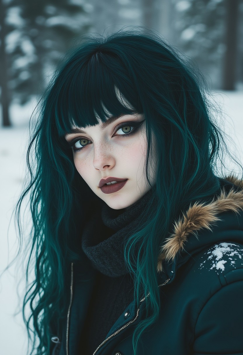 FictionalPoison, goth girl with dark green hair. Wearing a navy green winter jacket in the snow and smiling softly