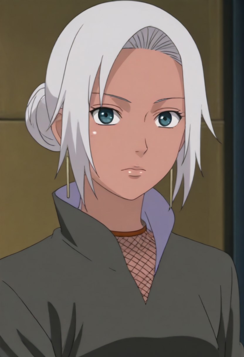 source_anime, anime screencap, source_anime, auratheguillotine, anime screencap, masterpiece, source_anime, shiny skin,,,,,mabuire, 1girl, solo, , dark skin, blue eyes, single hair bun, earrings,, green shirt, long sleeves, fishnet top, high collar, <lora:Naruto_Mabui_iXL:1>