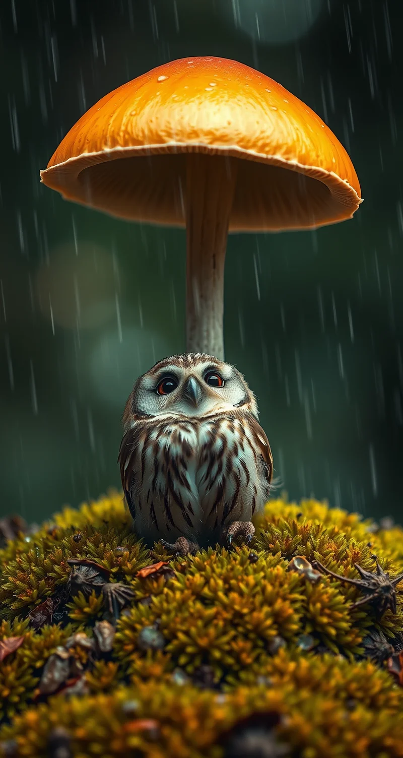 A photorealistic image with artistic enhancements captures a small, endearing owl sheltered beneath a vibrant, burnt-orange mushroom in the midst of a gentle rain shower, rendered in a style that merges Nature Photography, Whimsical Wildlife Art, and Bokeh Cinematography. The scene exudes a serene and slightly magical atmosphere, as the owl, with its soft brown and white mottled feathers, peers upward with a gentle, almost curious expression, seemingly content under its natural umbrella. The owl's feathers are delicately textured, each strand catching the soft, diffused light, which highlights their slightly damp appearance from the rain. The mushroom, with its smooth, glossy cap, stands tall and vibrant, its bright orange hue contrasting beautifully with the surrounding natural tones of green moss and soft brown feathers. The mushroom's cap curves gently, showing off its pale gills underneath, and provides just enough cover for the small owl, adding a whimsical touch to the composition. The rain, depicted as soft, vertical streaks, interacts with both the mushroom and the owl, creating tiny splashes and further enhancing the sense of a fresh, rainy forest scene. The ground, covered in lush, thick moss, ranges in color from deep forest green to lighter yellowish tones, with small leaves and twigs scattered throughout, adding detail and grounding the scene in a natural, earthy environment. The background, with its soft, blurred bokeh effect, shifts from dark greens and browns to lighter tones, creating depth and isolating the owl and mushroom, emphasizing their importance in the composition. The overall mood is peaceful and endearing, capturing a quiet moment in nature where even the smallest creatures find shelter and contentment amidst the elements.