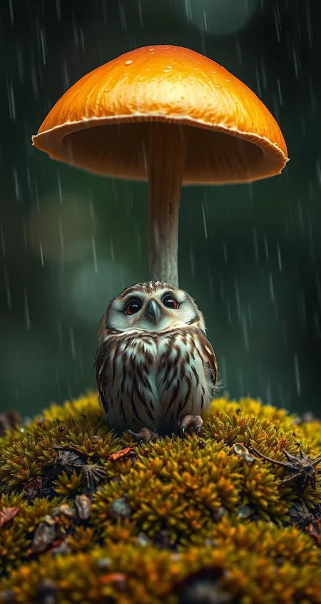 A photorealistic image with artistic enhancements captures a small, endearing owl sheltered beneath a vibrant, burnt-orange mushroom in the midst of a gentle rain shower, rendered in a style that merges Nature Photography, Whimsical Wildlife Art, and Bokeh Cinematography. The scene exudes a serene and slightly magical atmosphere, as the owl, with its soft brown and white mottled feathers, peers upward with a gentle, almost curious expression, seemingly content under its natural umbrella. The owl's feathers are delicately textured, each strand catching the soft, diffused light, which highlights their slightly damp appearance from the rain. The mushroom, with its smooth, glossy cap, stands tall and vibrant, its bright orange hue contrasting beautifully with the surrounding natural tones of green moss and soft brown feathers. The mushroom's cap curves gently, showing off its pale gills underneath, and provides just enough cover for the small owl, adding a whimsical touch to the composition. The rain, depicted as soft, vertical streaks, interacts with both the mushroom and the owl, creating tiny splashes and further enhancing the sense of a fresh, rainy forest scene. The ground, covered in lush, thick moss, ranges in color from deep forest green to lighter yellowish tones, with small leaves and twigs scattered throughout, adding detail and grounding the scene in a natural, earthy environment. The background, with its soft, blurred bokeh effect, shifts from dark greens and browns to lighter tones, creating depth and isolating the owl and mushroom, emphasizing their importance in the composition. The overall mood is peaceful and endearing, capturing a quiet moment in nature where even the smallest creatures find shelter and contentment amidst the elements.