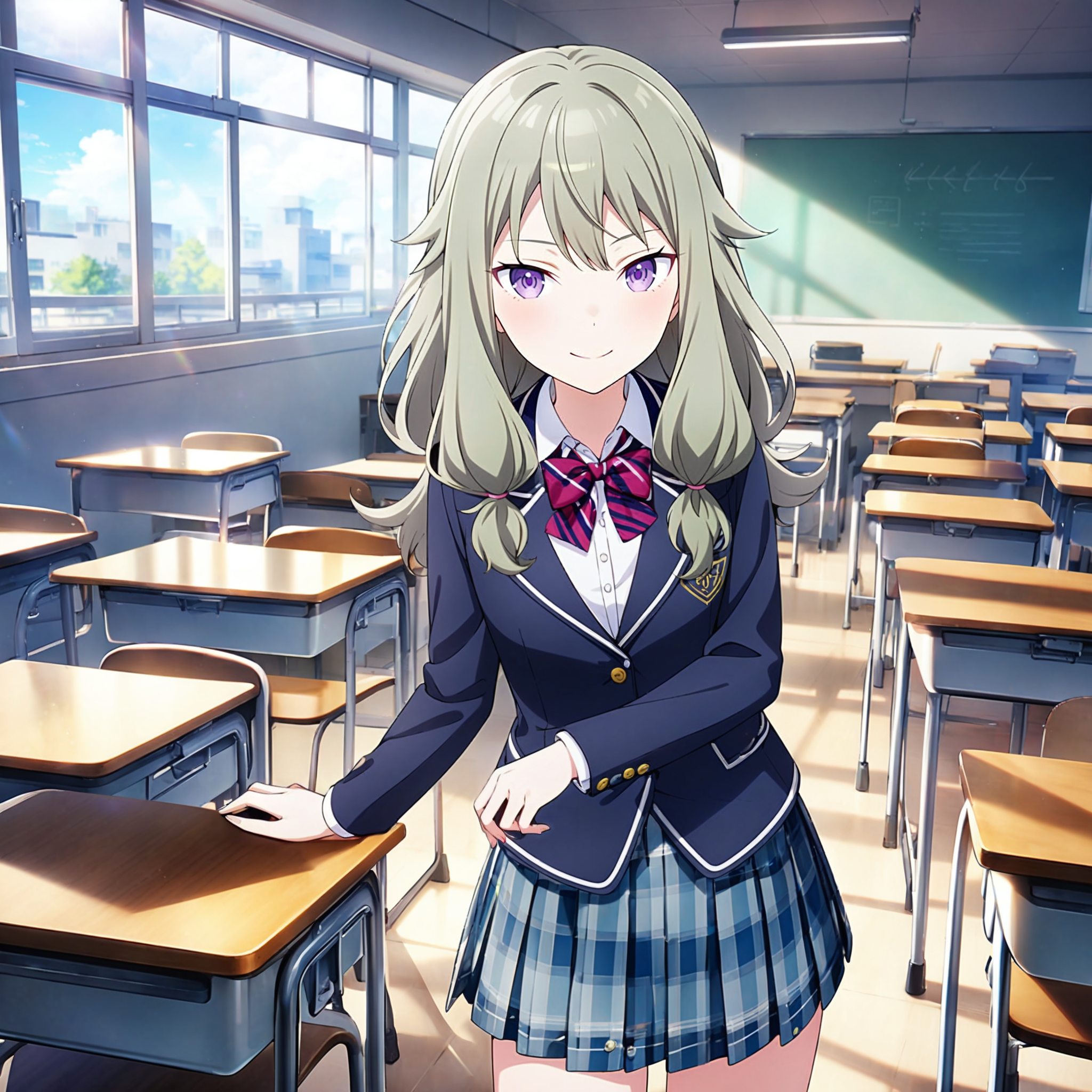 1girl, kusanagi nene, project sekai, solo, masterpiece, very aesthetic, absurdres, official art,
kamikou blazer, solo, green hair, low tied long hair, hair over shoulder, purple eyes, bangs,
(looking at viewer:1.2), smiling, closed mouth, cowboy shot, contrapposto, dutch angle,  BREAK
black blazer, (buttoned blazer:1.4), white shirt, plaid skirt, red diagonal-striped bowtie,
indoors, school classroom, day, sun light, beautiful blue sky, chair, desk, 
<lora:sdxl-vbs-SeifukuAn03:0.4:lbw=0,0,0.2,0.2,0,0.4,0.4,0,0.8,0.8,0,0,0,0.8,0.8,0.6,0.8,0.0,0.0,0.0,0,0,0,0,0,0>