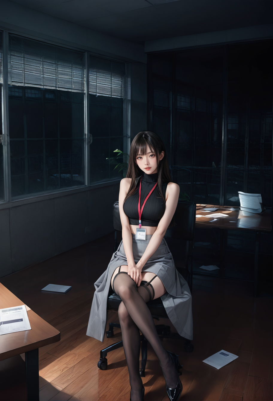,ruanyi0943,blinds,indoors,paper,
,ruanyi0897,black thighhighs,garter straps,turtleneck,id card,lanyard,grey skirt,crop top,black sleeveless sweater,long skirt,chair,sitting,
night,dark,<lora:0943 Untitled_v1_pony:1>,<lora:0897 Home wear 3_v1_pony:0.7>, score_9,score_8_up,score_7_up,,8k,1girl,solo,,
