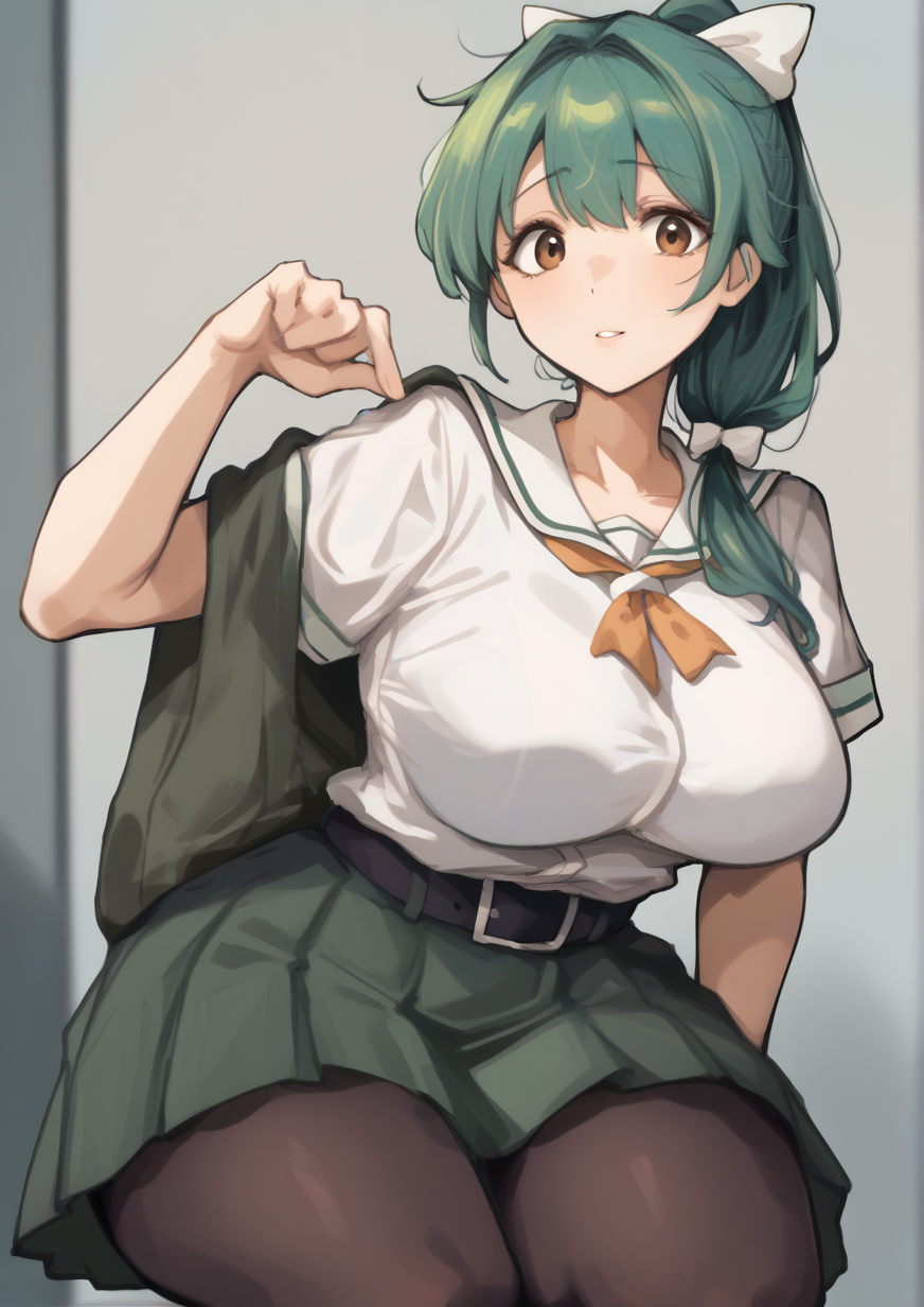 1girl, yuubari (kancolle), yuubari kai ni (kancolle), huge breast, belt, black belt, bow, brown eyes, green hair, green skirt, grey skirt, hair bow, neckerchief, orange neckerchief, pantyhose, pleated skirt, ponytail, school uniform, serafuku, short sleeves, sitting, skirt, solo, tank top, white bow,handfixer <lora:HandFixer_pdxl_Incrs_v1:1>  <lora:ã¤ãã«ãã¢eipelppa:1>