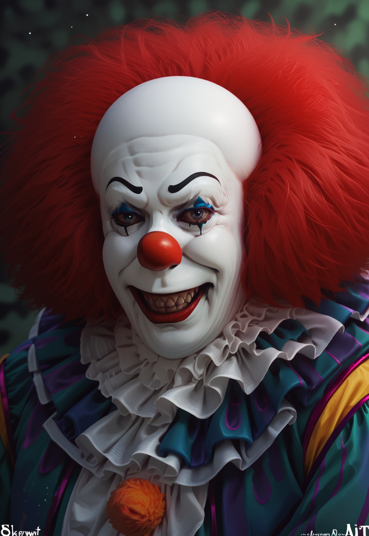 score_9_up, score_8_up, score_7_up, line art, solo, 1boy, oldpennywise, clown, fat, white skin, facepaint, red hair, clown suit, grin, portrait, face focus,